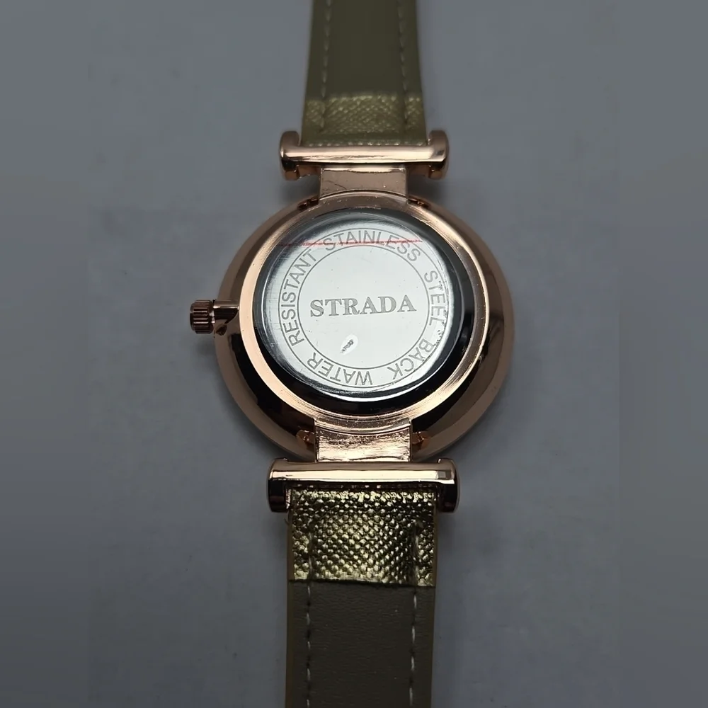Womens Strada Rose Gold Tone Diamond Cut Bezel Watch Leather Sparkle New Battery